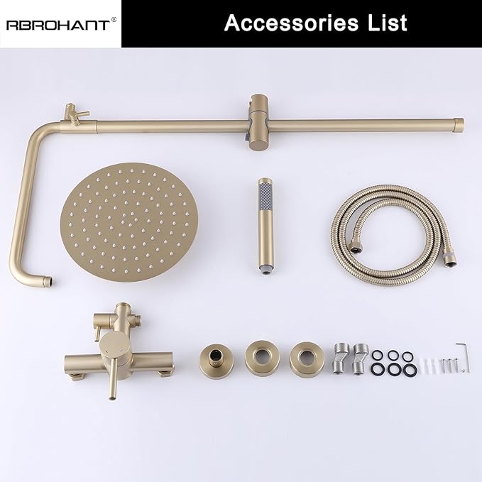 RBROHANT Outdoor Shower, Wall Mount Outdoor Shower Kit, Outside Shower Faucet with Height Adjustable Rain Shower Head and Handheld, Exposed Shower for Backyard, Wall Mounted, Brushed Gold, JK0147
