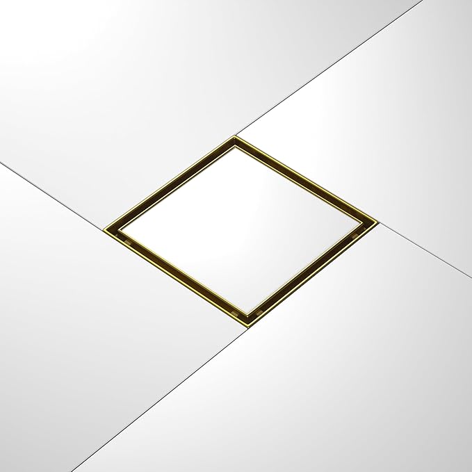 Square Shower Drain 8", Brushed Gold Floor Drain with Tiled Insert Grate & Hair Strainer, 304 Stainless Steel Bathroom 2-in-1 Tiled in Drain, CUPC Certified (Brushed Gold, 8'')