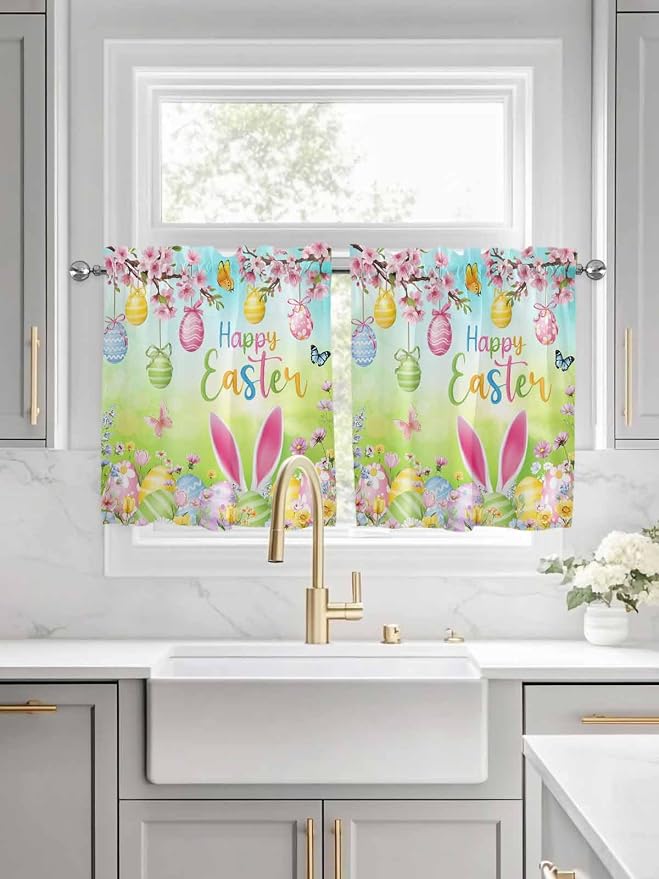 Easter Half Window Curtains 24 Inches Long, Spring Bunny Colorful Rabbit Eggs - Image 3