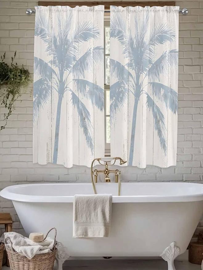 Summer Coconut Tree on Vintage Wood Grain Window Valance Curtains, Seaside by IDOWMAT