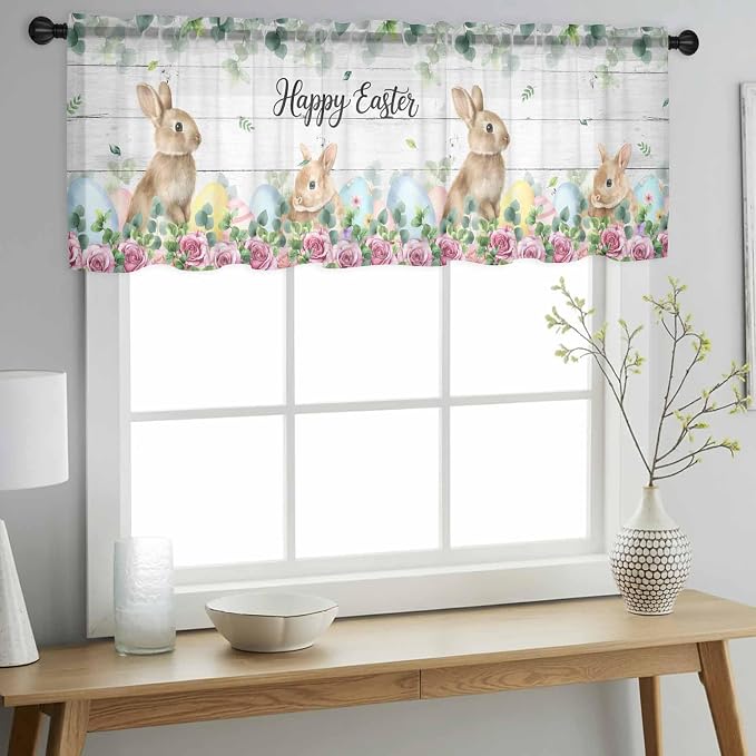 Easter Sheer Valances for Windows 42"x18", Light Filtering Kitchen Curtains - Image 2