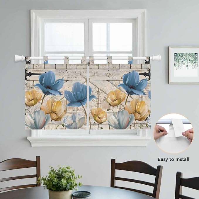 Blue Yellow Tulips Kitchen Curtains 36 Inch Length, Small Window Curtains Tab - Image 4