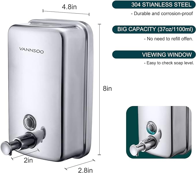 Commercial Soap Dispenser Wall Mount Stainless Steel Manual Liquid Pump Rust-Proof Leak Free for Bathroom (37 fl.oz./1100ml)