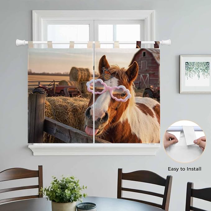 Farm Horses Kitchen Curtains 45 Inch Length, Short Cafe Window Curtains Tab Top - Image 4