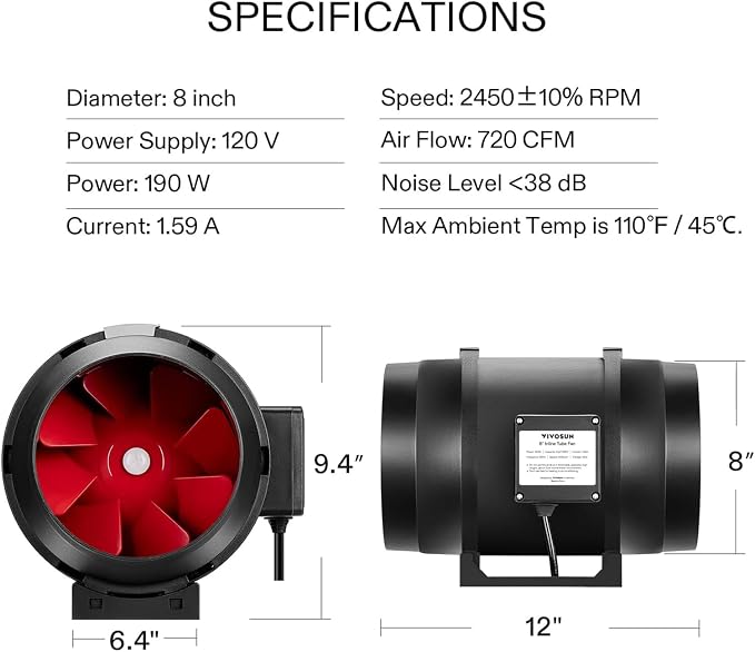 VIVOSUN R8 8 Inch 720 CFM Inline Duct Ventilation Fan - Image 7
