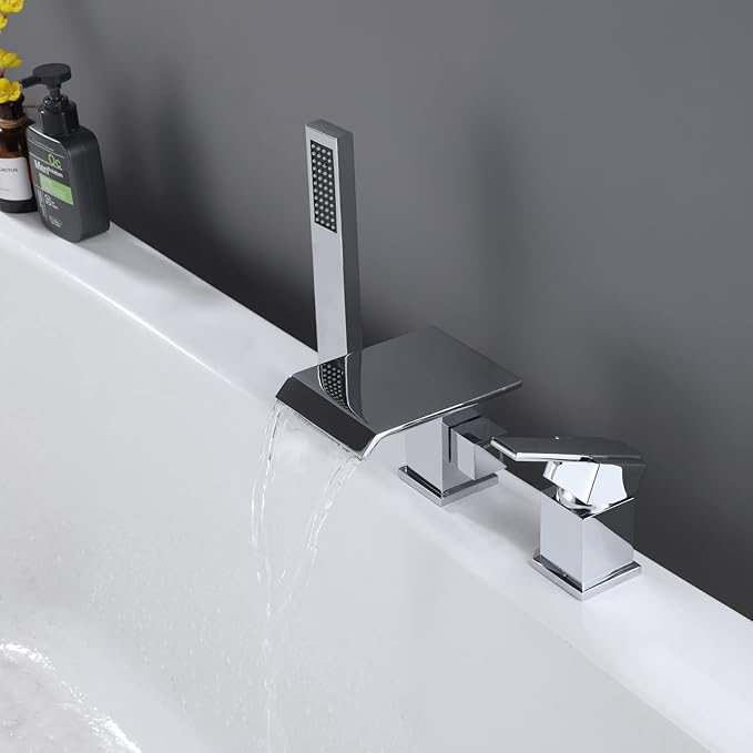 TapLong Modern Roman Tub Faucet with Hand Shower, Waterfall Deck Mount Bathtub Filler Faucet with Sprayer, Widespread 3 Holes Tub Shower Faucet Set in Polished Chrome, 02763CH