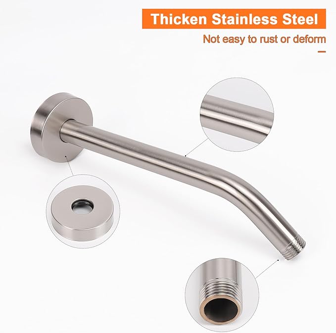 HarJue Shower Arm with Flange and Teflon Tape, Wall Mounted Shower Pipe 304 Stainless Steel Extension Arm for Fixed Shower Head & Handheld (10 Inch, Brushed Nickel)