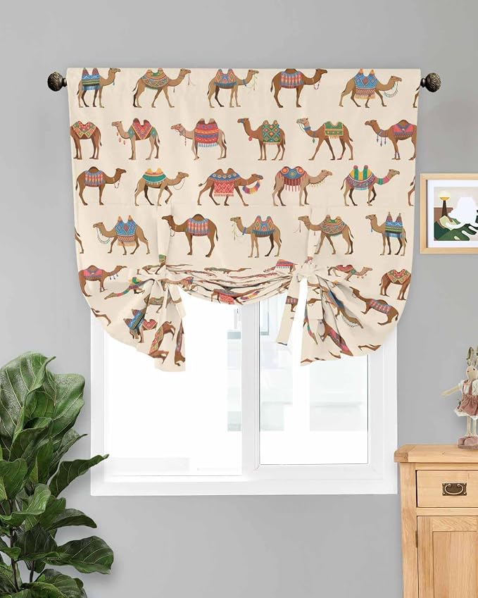 Tie Up Curtains for Windows, Summer Camels Adjustable Balloon Nature Linen by Anzona
