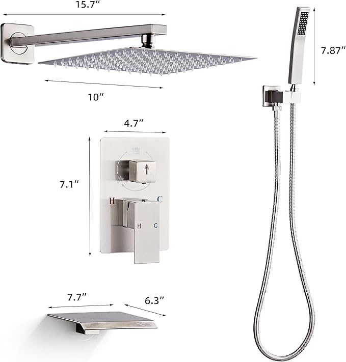 Shower Faucet Set with Tub Spout, Brushed Nickel Rainfall Shower System Complete Wall Mounted for Bathroom with 10 Inch Square Shower Head and Handheld Shower Head Rain Mixer Combo Set