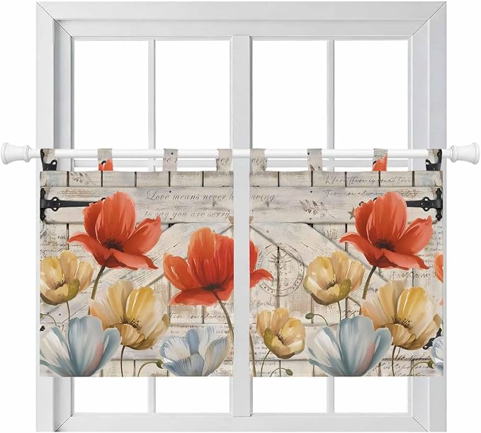 Retro Floral Kitchen Curtains 36 Inch Length, Small Window Curtains Tab Top by Unknown