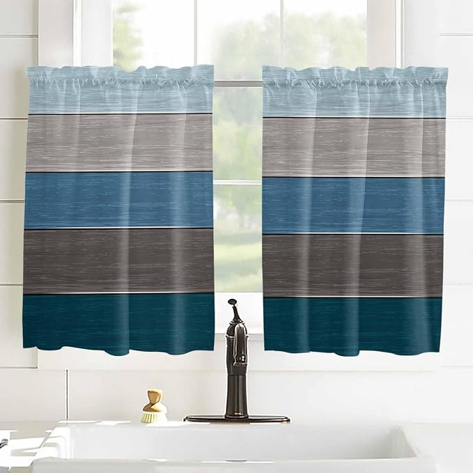 Retro Farm Blue Gray Wood Grain Window Valance Curtains, Rustic Wooden Plank - Image 2