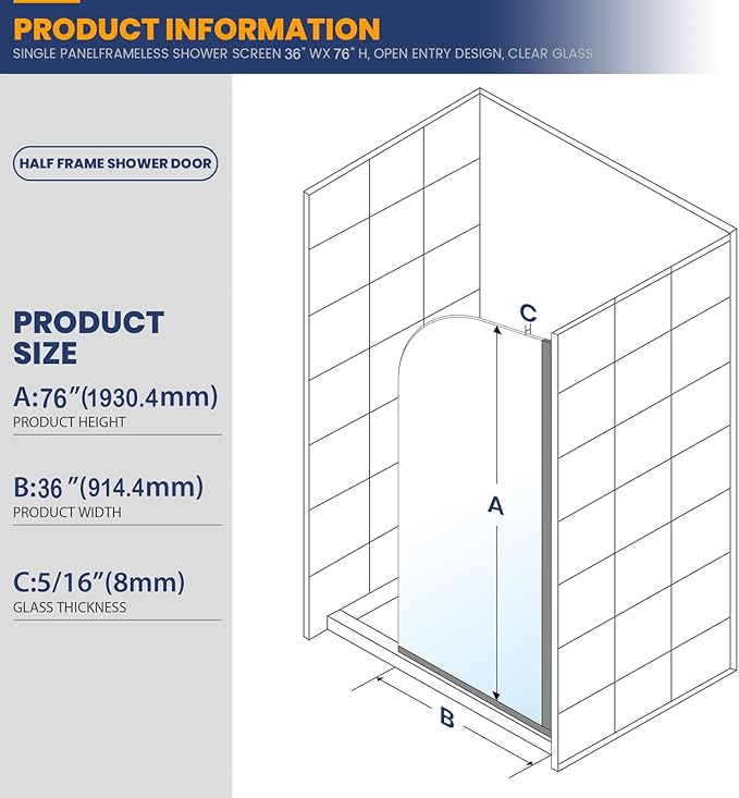 Glass Shower Panel, 36" W x 76" H Semi-Framed Fixed Shower Panel in Brushed Gold with 5/16"(8mm) Clear Tempered Glass Door, Simple Shower Door Panel for Bathroom