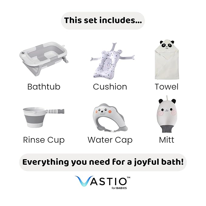 VASTIO™ 6-in-1 Collapsible Baby Bathtub Set – Foldable Baby Bath Tub for Newborn to Toddler, Portable Baby Bath Set with Cushion, Cap, Sponge, Rinse Cup & Towel – All-in-One Baby Bathing Essentials
