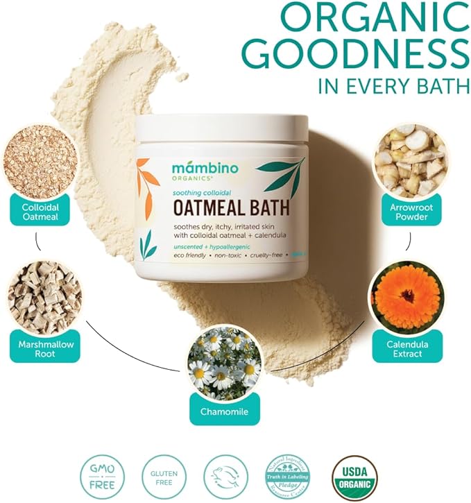 Mambino Organics Soothing Colloidal Oatmeal Bath Soak Powder, for Newborn, Kids, Moms with Dry, Sensitive Skin, Unscented Body Wash with Calendula for Baby Bath, Vegan, Non-GMO, 2-Pack