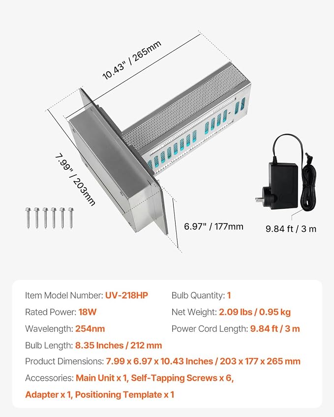 VEVOR HVAC Air Purifier Whole House, 18W 9inch, Light in Duct - Image 7