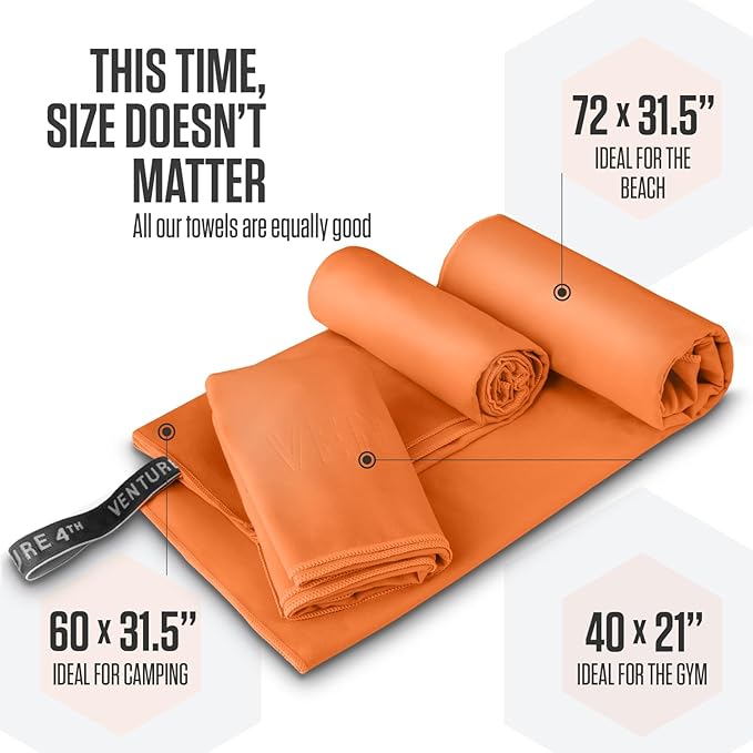 VENTURE 4TH Quick Dry Towel. Microfiber Travel Towel Ideal for Camping, Hiking, Backpacking, Gym. Lightweight & Fast Drying Travel Towels for Body. Compact & Easy to Pack - Orange Large