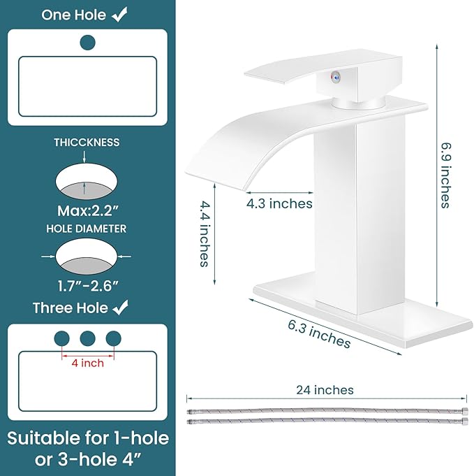 Bathroom Faucets White Waterfall Bathroom Sink Faucet Modern Single Handle Bathroom Faucet for 1 or 3 Hole Mxier Tap Washbasin Faucet with Deck, Pop-up Drain and Supply Hoses
