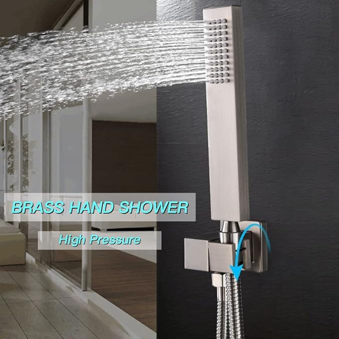 Brushed Nickel 4 Way Full Body Thermostatic Shower Faucet System 12 Inch Luxury Rain Shower System with Tub Spout, Handheld Shower and 6 PCS Body Jets Shower Fixtures