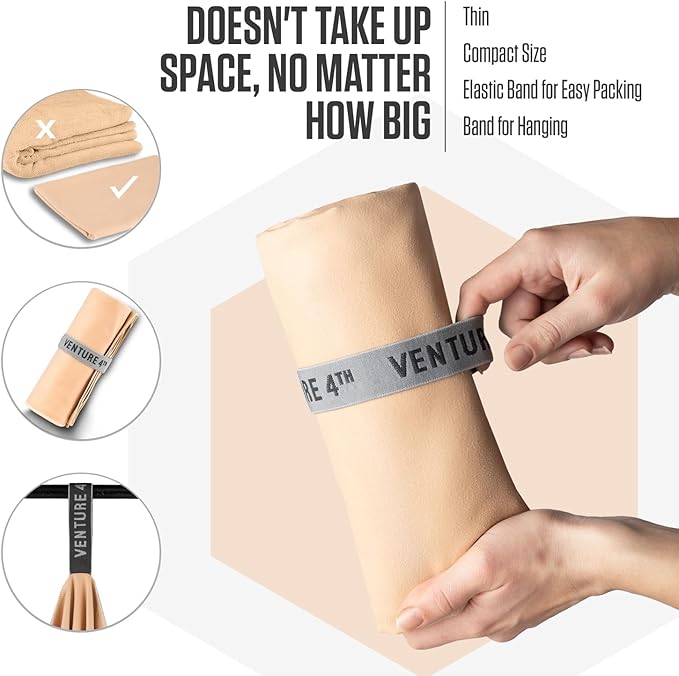 VENTURE 4TH Quick Dry Towel. Microfiber Travel Towel Ideal for Camping, Hiking, Backpacking, Gym. Lightweight & Fast Drying Travel Towels for Body. Compact & Easy to Pack - Beige Medium