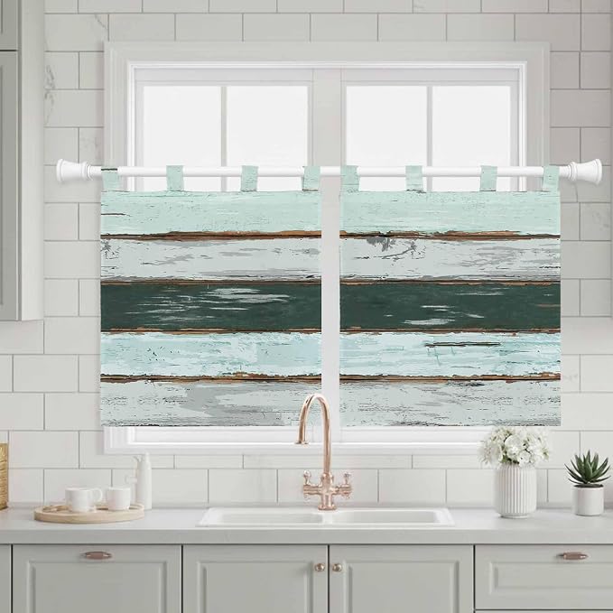 Blue Teal Kitchen Curtains 36 Inch Length, Small Window Curtains Tab Top - Image 3