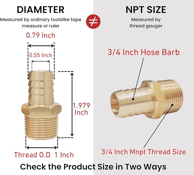 2pcs Brass Hose Barb Fitting, 3/4" Barb x 3/4" NPT Male, Adapter – Correct - Image 3