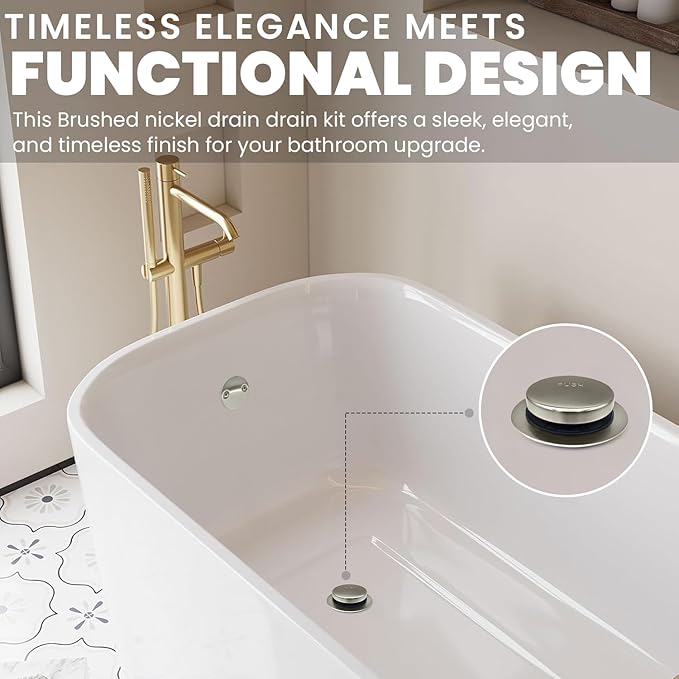 LXLTOUS Brushed Nickel Toe Tap Bathtub Trim Set with Two-Hole Overflow Faceplate, Replacement Tub Drain Kit with 2-Hole Overflow Cover and Universal Fine/Coarse Thread, Fits 1-3/8" and 1-1/2"