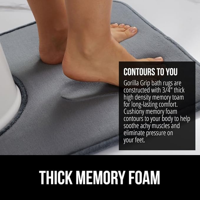 GORILLA GRIP Thick Memory Foam Toilet Rug for Bathroom, U Shaped Washable, Soft Absorbent Velvet Topside Floor Mats, Machine Wash, Cushioned Luxury Rugs for Bath Room, 22.5x19.5, Graphite Gray