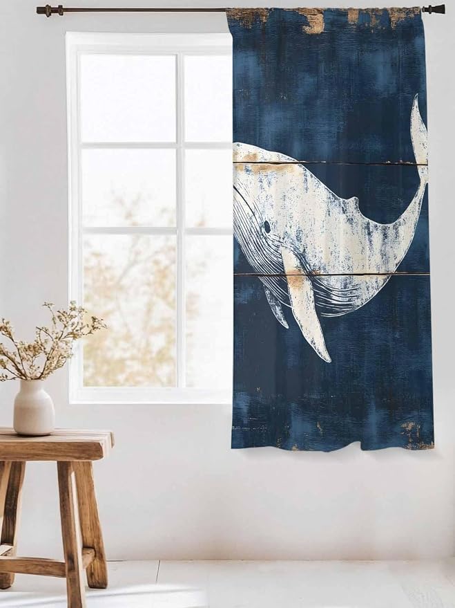 Sheer Curtains 72 Inches Long, Ocean Whale Blue Semi Sheer Curtains Light - Image 3