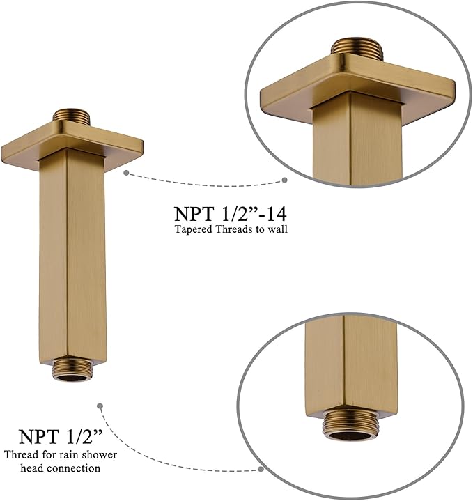 4 Inch Shower Arm with Flange, Ceiling Mounted Square Shower Head Extension Arm, 1/2 NPT Straight Arm for Rain Shower Head, Stainless Steel Shower Head Extension Replacement Pipe Arm, Brusheed Gold