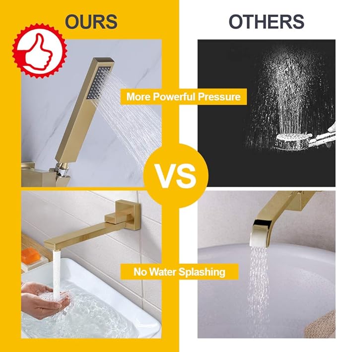 Wall Mounted Bathtub Faucet with Handheld Shower, Solid Brass 180° Swivel Bathroom Tub Filler Faucet with Hand Shower Modern Single Handle Tub Faucet Set, Brushed Gold