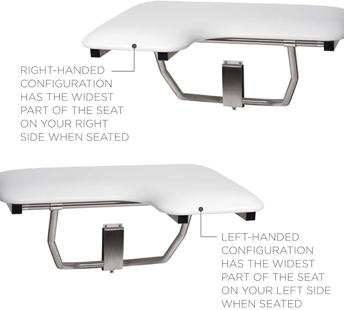 Seachrome Lift-Assist Shower Seat, L-Shaped Right-Hand, ADA, Wall Mount, Padded White Naugahyde