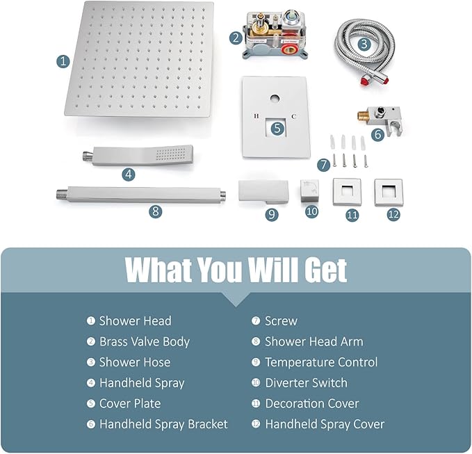 Aolemi Ceiling Mount Shower System Rain Shower Head with Handheld Spray High Pressure Shower Faucet Set Rough-in Valve Shower Trim Kit Included Bathroom Polish Chrome 16 Inch Ceiling Shower Head