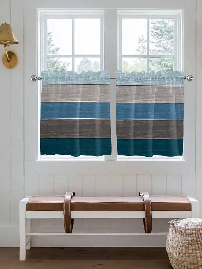 Retro Farm Blue Gray Wood Grain Window Valance Curtains, Rustic Wooden Plank - Image 2
