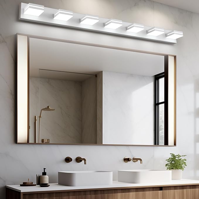 SineRise LED Modern Bathroom Vanity Light Fixtures (7-Light, 55-Inch, Dimmable), Matte White Modern Acrylic Bathroom Wall Lighting Fixtures Over Mirror (Cool White 6000K)