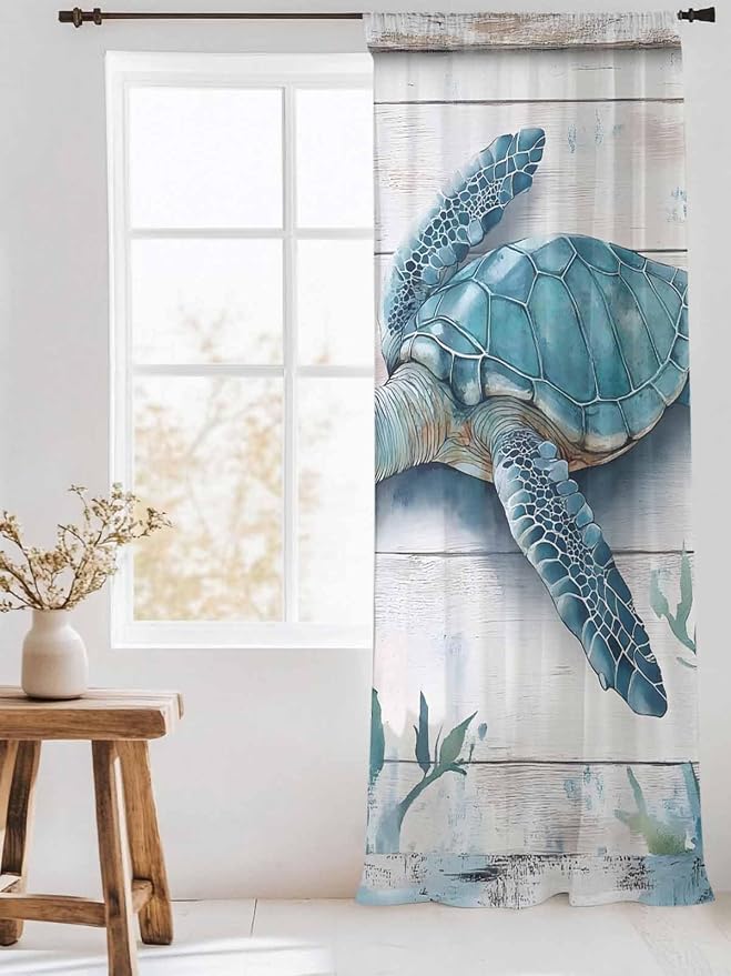 Sheer Curtains 108 Inches Long, Teal Green Sea Turtle Semi Sheer Curtains Light - Image 3