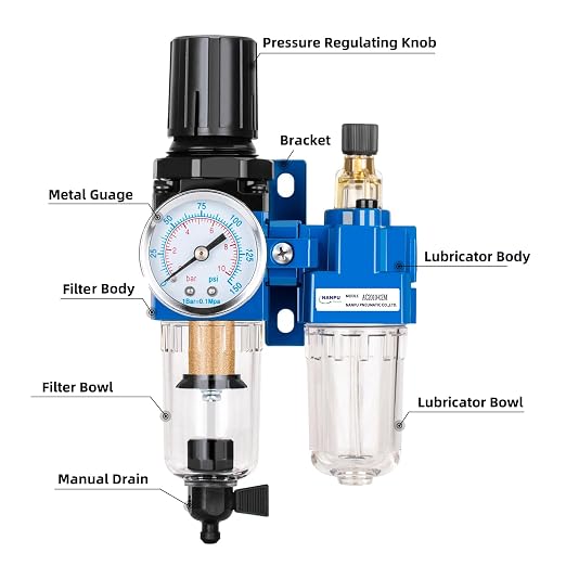 NANPU 1/4" NPT Compressed Air Filter Regulator Lubricator Combo, Water/Oil Trap - Image 3