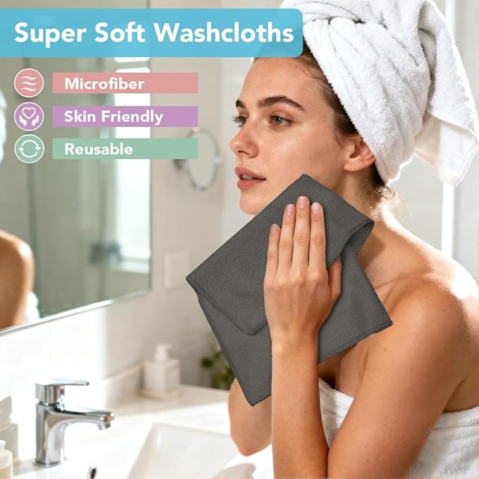 Orighty Washcloths Towels Set 20 Pack, Highly Absorbent and Soft Feel Microfiber Face Cloths, Multi-Purpose Wash Cloths & Hand Towels for Bathroom, Hotel, Spa, and Gym, 11.5x11.5 Inch, Grey