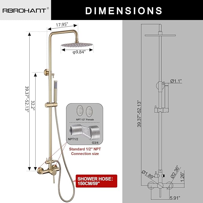 RBROHANT Outdoor Shower, Wall Mount Outdoor Shower Kit, Outside Shower Faucet with Height Adjustable Rain Shower Head and Handheld, Exposed Shower for Backyard, Wall Mounted, Brushed Gold, JK0147