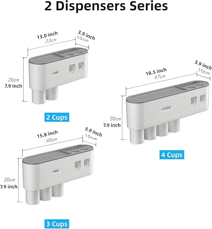 No-Drill Wall Mounted Toothbrush Holder, Bathroom Shelf, with Automatic Toothpaste Dispensers 6 Brush Hooks Magnetic Cups 1 Cosmetic Drawer Organizer and Large Storage (2 Dispensers 2 Cups)