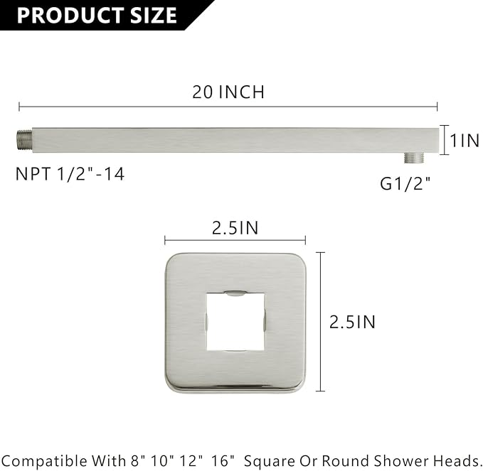 Voolan 20" Square Shower Arm with Flange and Teflon Tape, Extension Shower Head Arm for Bathroom Fixed Shower Head, Solid Stainless Steel, Wall Mounted (Brushed Nickel)