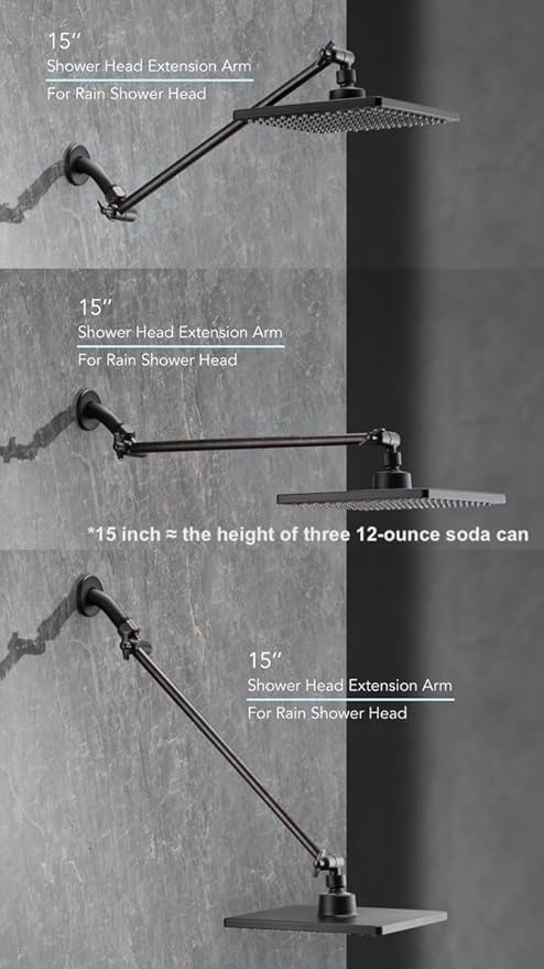 15 Inch Extra Long Adjustable Shower Head Extension Arm With Locking Set Screw, Singing Rain Brass Angle Height Adjustable, Easy To Install, G1/2 Universal Connector Compatible (Oil Rubber Bronze)