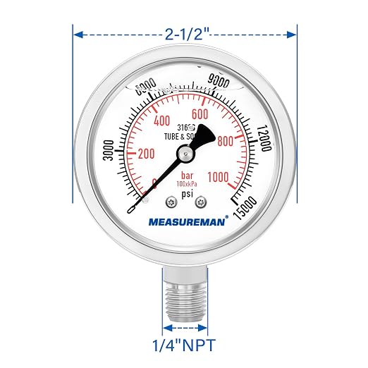 MEASUREMAN Fully Stainless Steel Hydraulic Glycerin Filled Pressure Gauge - Image 7