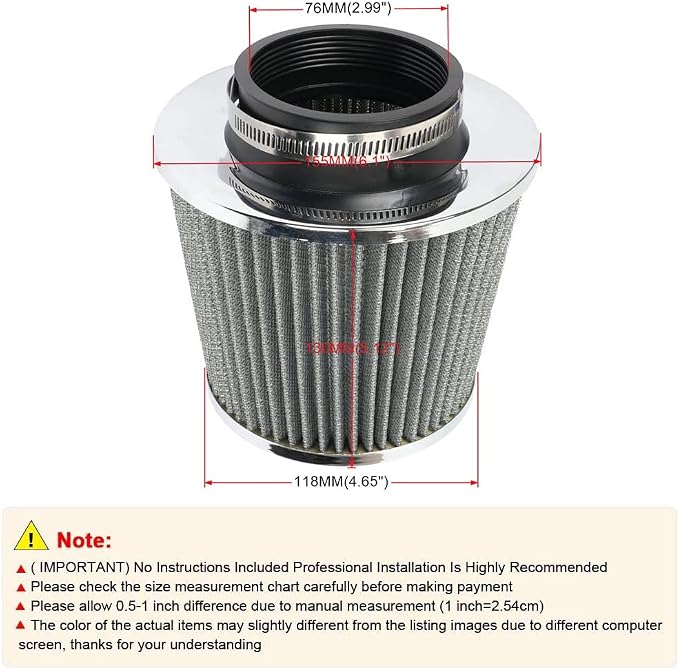 3-inch Cold Air Intake Filter 76mm, High Performance Clamp-On Engine Intake Air - Image 2