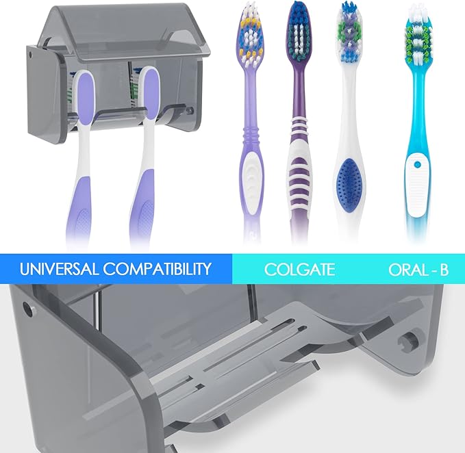 Toothbrush Holder Wall Mounted with Cover for Bathroom, 2 Slots Toothbrush Storage Organizer for Shower, Self Adhesive Toothbrush Hanger Rack for Dorm, Cabinet (Grey)