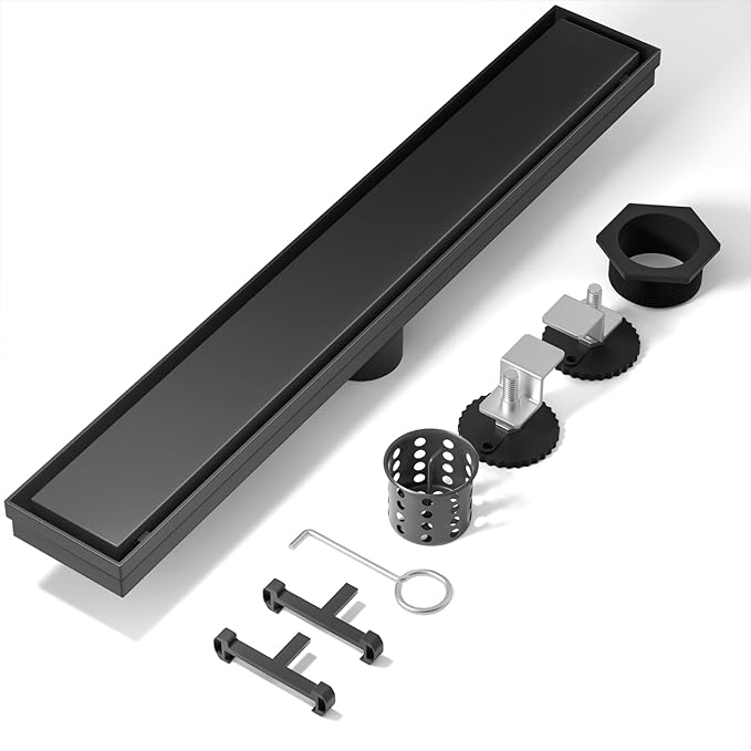 Linear Shower Drain, 304 Stainless Steel with Adjustable Leveling Feet, Hair Strainer,Reversely Install Place to Create an Invisible Floor Drain- Black -12-Inch