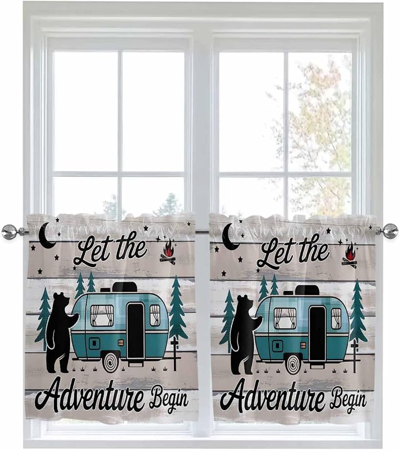 Farmhouse Bear Camper Van Tree Window Valance Curtains, Vintage Wood Grain - Image 6
