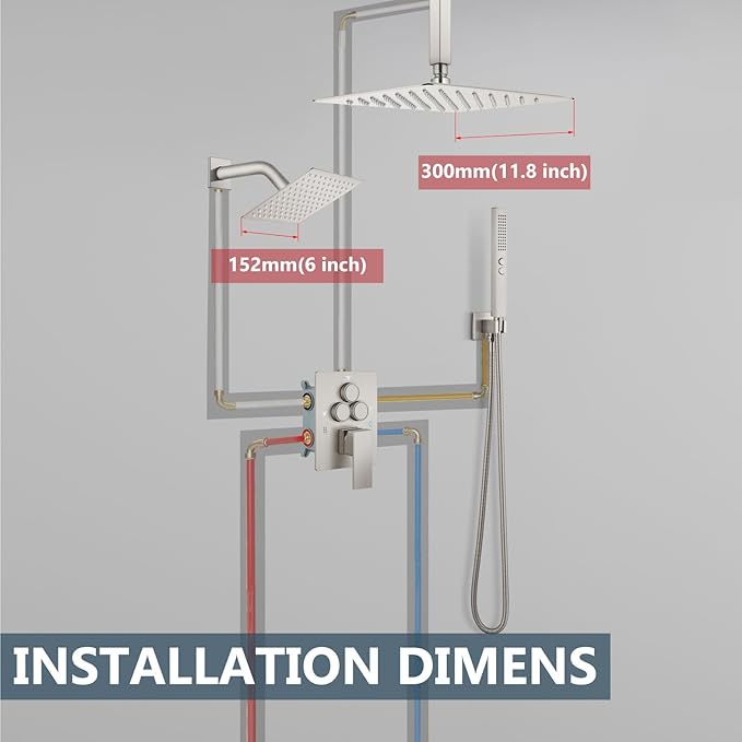 Aolemi Shower Faucet Set Ceiling Mount Shower System Rough-in Valve and Shower Trim Kit 12 and 6 Inch Dual Shower Head 2 in 1 Handheld Spray Push Button Diverter Brushed Nickel
