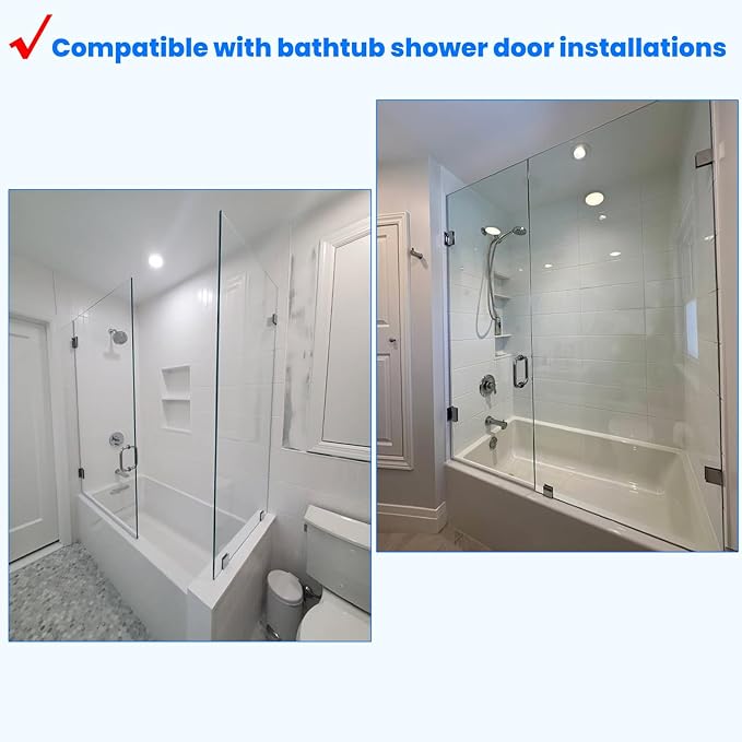 Shower Door Hardware Kit for Frameless Inline Hinged Doors, Includes Hinges, Square Pull Handles and Clamps, for 5/16"–3/8" Glass, Suitable for Bathtub or Standing Shower Setup, Chrome