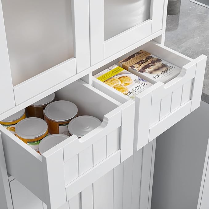 HORSTORS 67" Tall Bathroom Storage Cabinet, Freestanding Linen Cabinet with Glass Door and Shelves, Kitchen Pantry with 2 Drawers for Bathroom, Living Room, Dining Room, Office, White