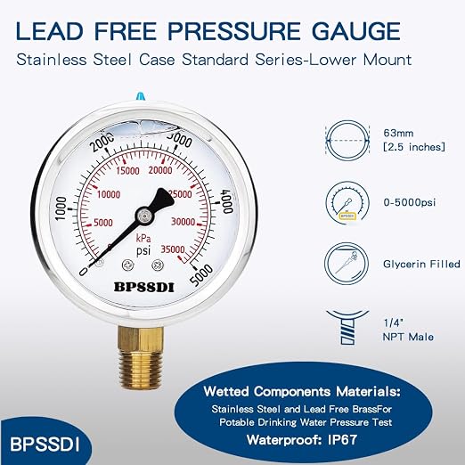 0-5000 Psi Glycerin Liquid Filled Hydraulic High Pressure Gauge, 2.5" Dial Size - Image 2